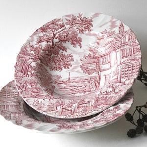2 x Soup Bowls / Pasta Plates. Myott Staffordshire. The Hunter. Red / Pink Transferware with Scalloped border. England Cottagecore