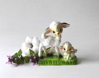 Big Eyed Sheep with lamb. Darling Ceramic Figurine. Farmhouse Easter decor. Kitchy Sweet little Momma and Cute Baby Sheep