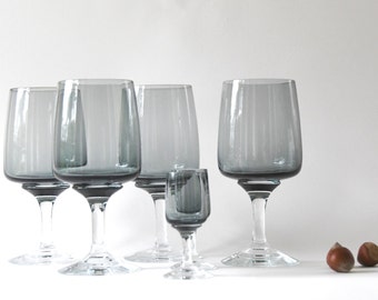 1960s Holmegaard Smoke Wine Glasses. Mid-Century. Denmark. Set of 6 Atlantic glasses. Per Lütken. Danish Design. Scandinavian Modern