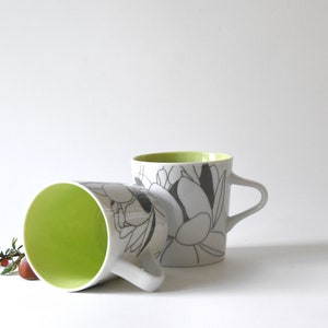 Rörstrand Sweden. Two Large Mugs. PIA Design by Pia Törnell. Lime green and grey White. In beautiful condition image 7