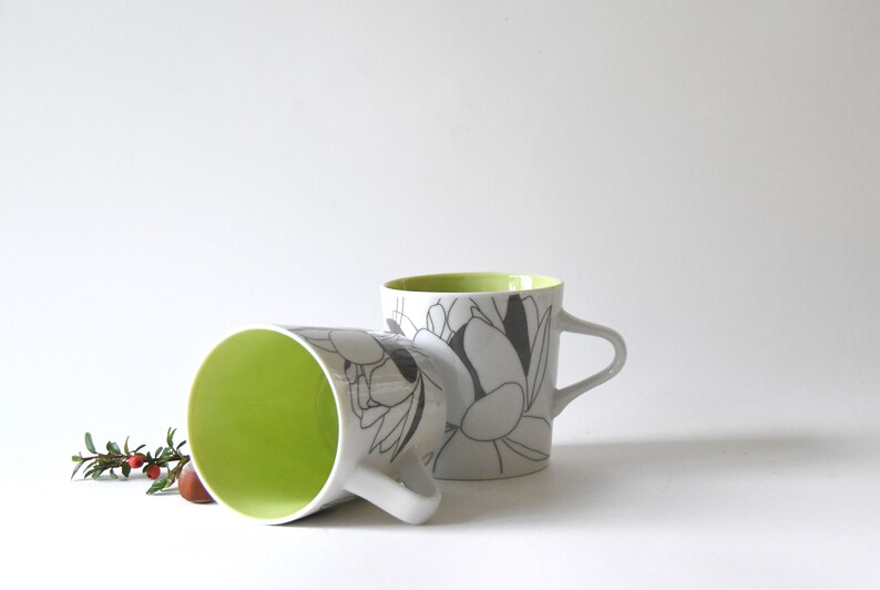 Rörstrand Sweden. Two Large Mugs. PIA Design by Pia Törnell. Lime green and grey White. In beautiful condition image 7