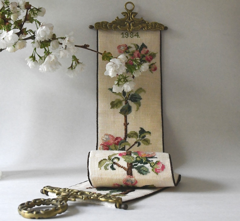 Wall hanging. Cross stitch embroidery Bell Pull with Appelblossom. Vintage Wall Decor. Scandinavian Cottage. image 1