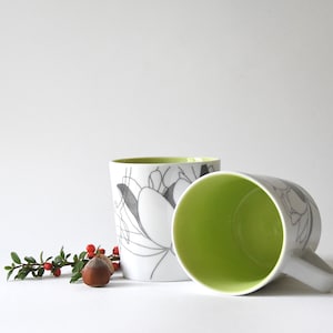 Rörstrand Sweden. Two Large Mugs. PIA Design by Pia Törnell. Lime green and grey White. In beautiful condition image 1
