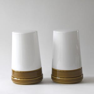 May include: Two ceramic salt and pepper shakers. Each shaker has a white upper section and a brown, banded base. The shakers are cylindrical with a slight taper and a rounded top. The background is a plain white.