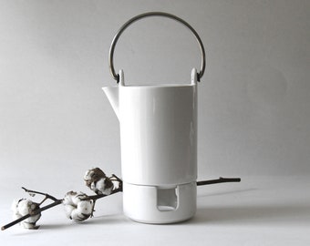 Søholm Denmark. Teapot with Warmer. Danish Snow White stoneware. Steel handle. Minimalist design. Scandinavian Mid century modern home