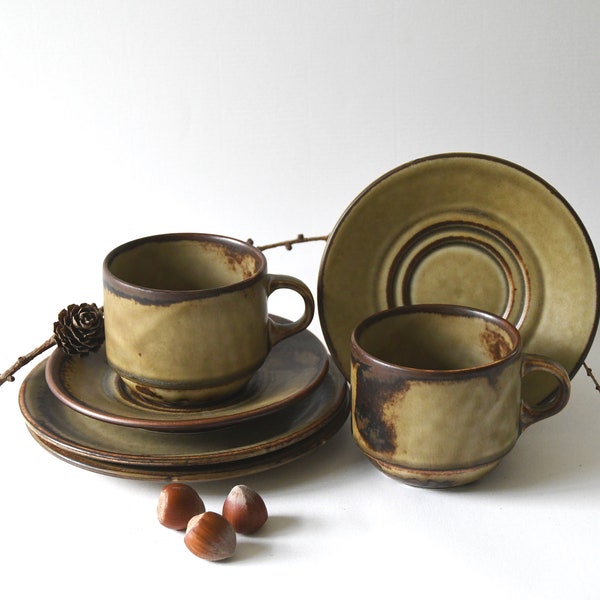 Langenthal Sahara / Savannah. Schweiz Aristo. Two Teacups, saucers and plates. Mid Century Modern Stoneware. Pair Collectible Teatrios