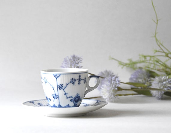 Royal Copenhagen Blue Fluted Coffee Cup With Saucer. Antique