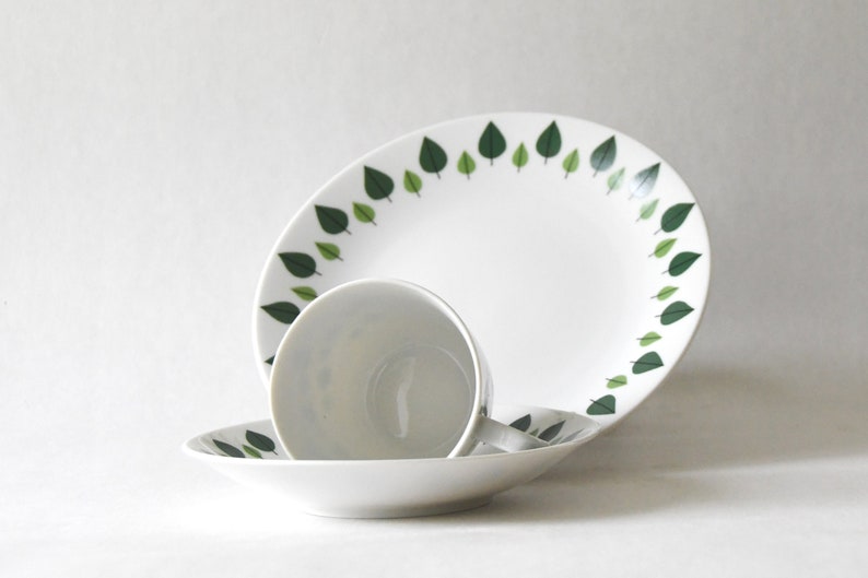 Puede incluir: Un juego de vajilla de cer&aacute;mica blanca con una fuente ovalada grande, una taza de t&eacute; y un platillo. Cada pieza est&aacute; decorada con un borde de dise&ntilde;os de hojas verdes. Ideal para servir comidas o como elementos decorativos.