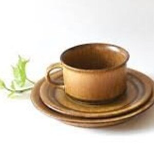 May include: A brown ceramic teacup and saucer set with a textured, striped design. The cup has a handle and the saucer has a slightly raised edge.
