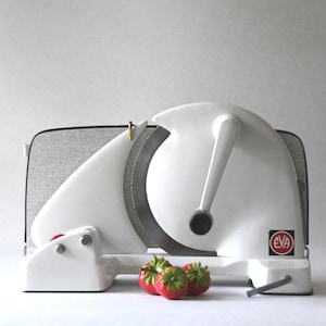 Danish All Purpose Slicer. EVA Denmark Breadslicer. Vintage White Industrial Kitchen Design. Danish mid century modern Decor