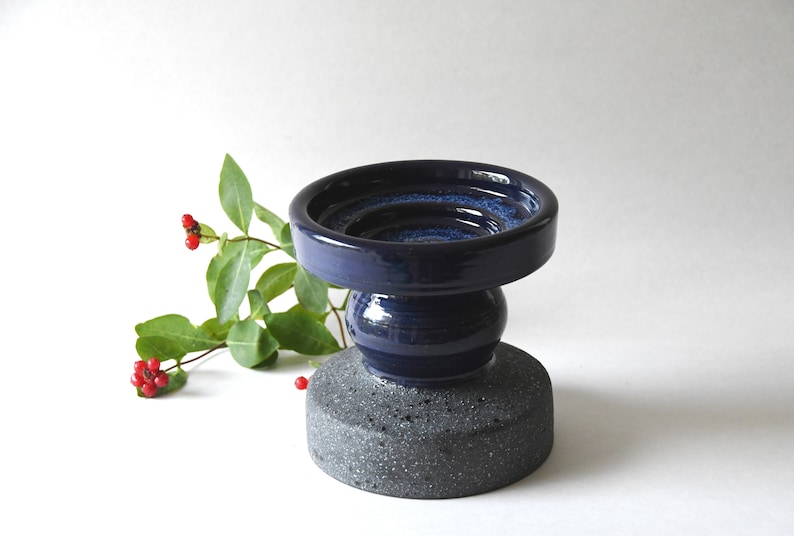 Nittsjö Pottery. Thomas Hellström Candle holder. 1970s Retro Blue Ceramic. Modernist Candlestick Swedish design. Rustic Mid century modern image 4