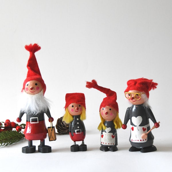 Danish Christmas Decor. Four Gnome Figurines. Scandinavian Tomte family 1970s. Collectible Wooden Elf's, Daells Varehus Copenhagen