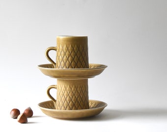 RELIEF Tea cups. Cup and saucer x 2. Tall Coffee /Tea duo sets. Danish design. Kronjyden Nissen. Mid century modern tableware