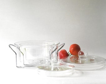 Modern Scandinavian Kitchenware. HOT POTS from Bodum. Pair of Lidded Glass Bowls and Chrome Holders. Danish 80s Carsten Jorgensen Design