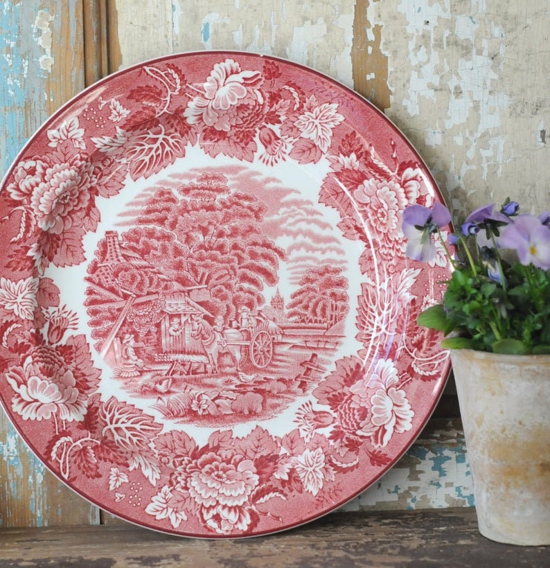 Pink Transferware Enoch Woods English Scenery Dinnerplate. Wood