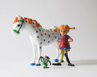 Pippi Calzelunghe di Astrid Lindgren. 3 figurine giocattolo vintage da collezione. Arredamento svedese per la camera dei bambini. Moderno di metà secolo