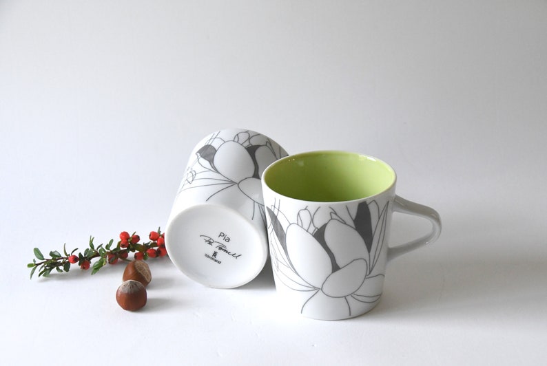 Rörstrand Sweden. Two Large Mugs. PIA Design by Pia Törnell. Lime green and grey White. In beautiful condition image 6
