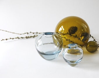 Per Lutken for Holmegaard. Two Ball vases. Aqua blue crystal. Scandinavian modern Art glass. Signed - Danish design