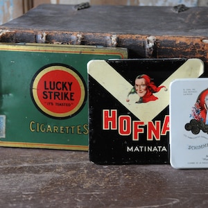 3 Cigarette Tins. Lucky Strike, Schimmelpenninck and Hofnar Tobacco Advertising Boxes - Gift for Him