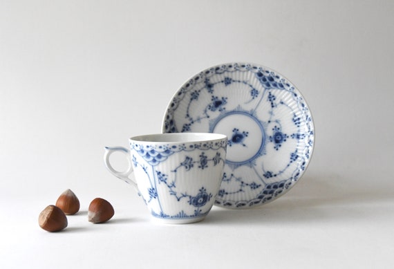 Antique Danish porcelain Royal Copenhagen Blue Fluted Half Lace Teacup with saucer Blue white Musselmalet.
