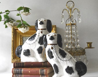 Staffordshire Captain's Dogs. Antique Chimney Figurines 10”. Original Pair of Black and White Wally dogs