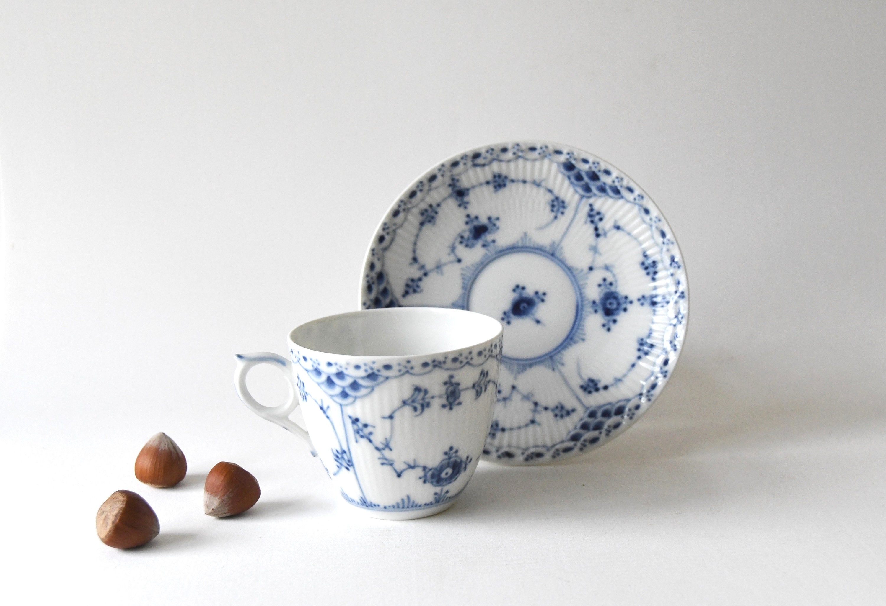 Royal Copenhagen Blue Fluted Half Lace Coffee Cup With Saucer 