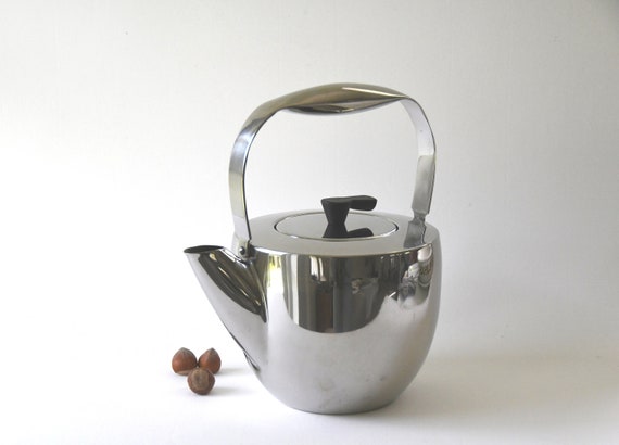 Vintage Mid Century Modern Tea Kettle Teapot Stainless Steel Wood Handle