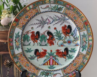 Rooster Plate Hong Kong. Five Roosters Oriental Dinner plate. Red cockerels Hand Painted. - Collectible New Year tableware