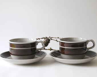 Rörstrand ISOLDE. Two Tea sets by Jackie Lynd. Pair Large Cups and Saucers 1970s. Scandinavian modern.