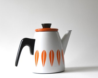 Lotus Cathrineholm. Coffeepot by Grete Prytz Kittelsen. Orange White Mid-century Modern Coffee / Tea kettle. Scandinavian