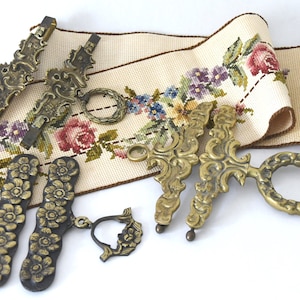 Embroidery hangers. 6&quot; Bell pull hardware bar for tapestry. Ornate Brass hardware Hangers. Danish NeedlePoint Hardware