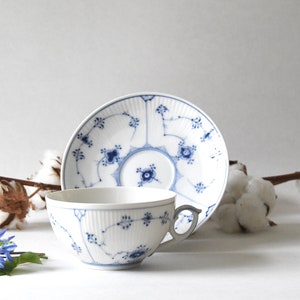 Royal Copenhagen Blue Fluted Teacup with saucer. Antique Danish porcelain. Blue white Musselmalet.