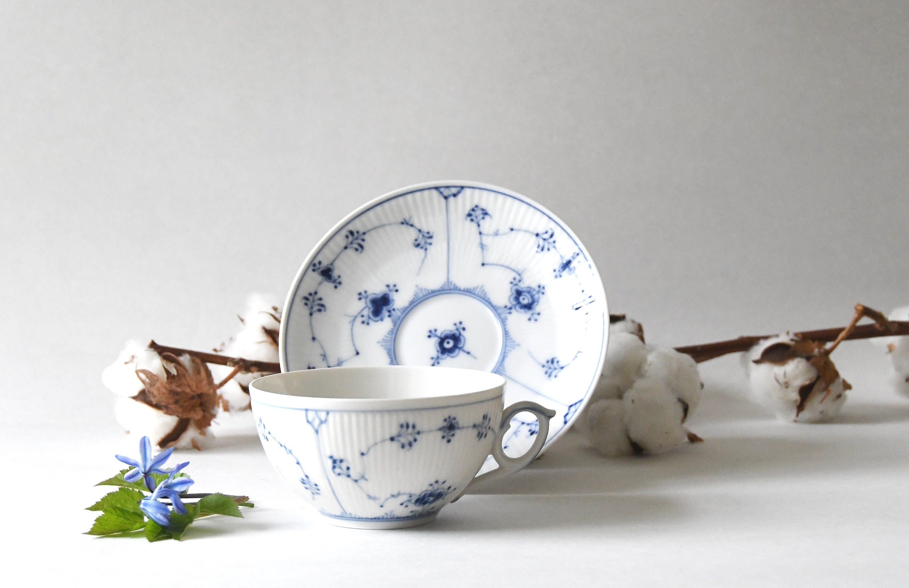 Royal Copenhagen Blue Fluted Teacup With Saucer, Antique Danish 