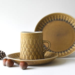 RELIEF Tea trio. Cup saucer and plate. Tall Coffee /Tea set Danish design Bing Grondahl / Kronjyden. Mid century modern tableware