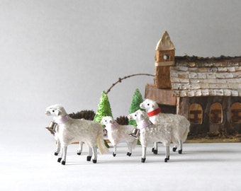 Woolly Sheep with stick legs. German Cotton Putz Stick Leg Lamb. Scandinavian Folk Art 1950s. Vintage
