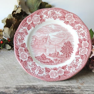 Wedgwood Tunstall. Plate by Enoch Wedgwood. Lochs of Scotland. Lunchplate.  Red / Pink Transferware.