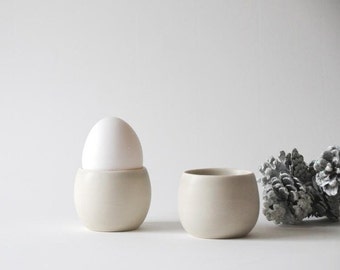 Soholm Denmark. Eggcup Minimalist design by Per Rehfeldt. Two White modern Danish stoneware egg cups. Scandinavian Midcentury modern. Søholm