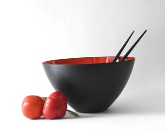Krenit Bowl with servers. Original Herbert Krenchel Red Enamel. Large Salad bowl 9.5”  Collectible Scandinavian