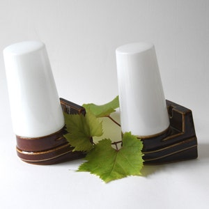 Può includere: Un paio di saliere e pepiere vintage. Ogni shaker ha una parte superiore cilindrica bianca e una base marrone scuro con un design decorativo. Le foglie verdi sono poste tra gli shaker.