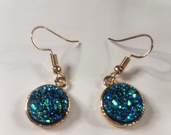 Blue Druzy Dangle Earrings: Gold Accent Sparkle Earrings