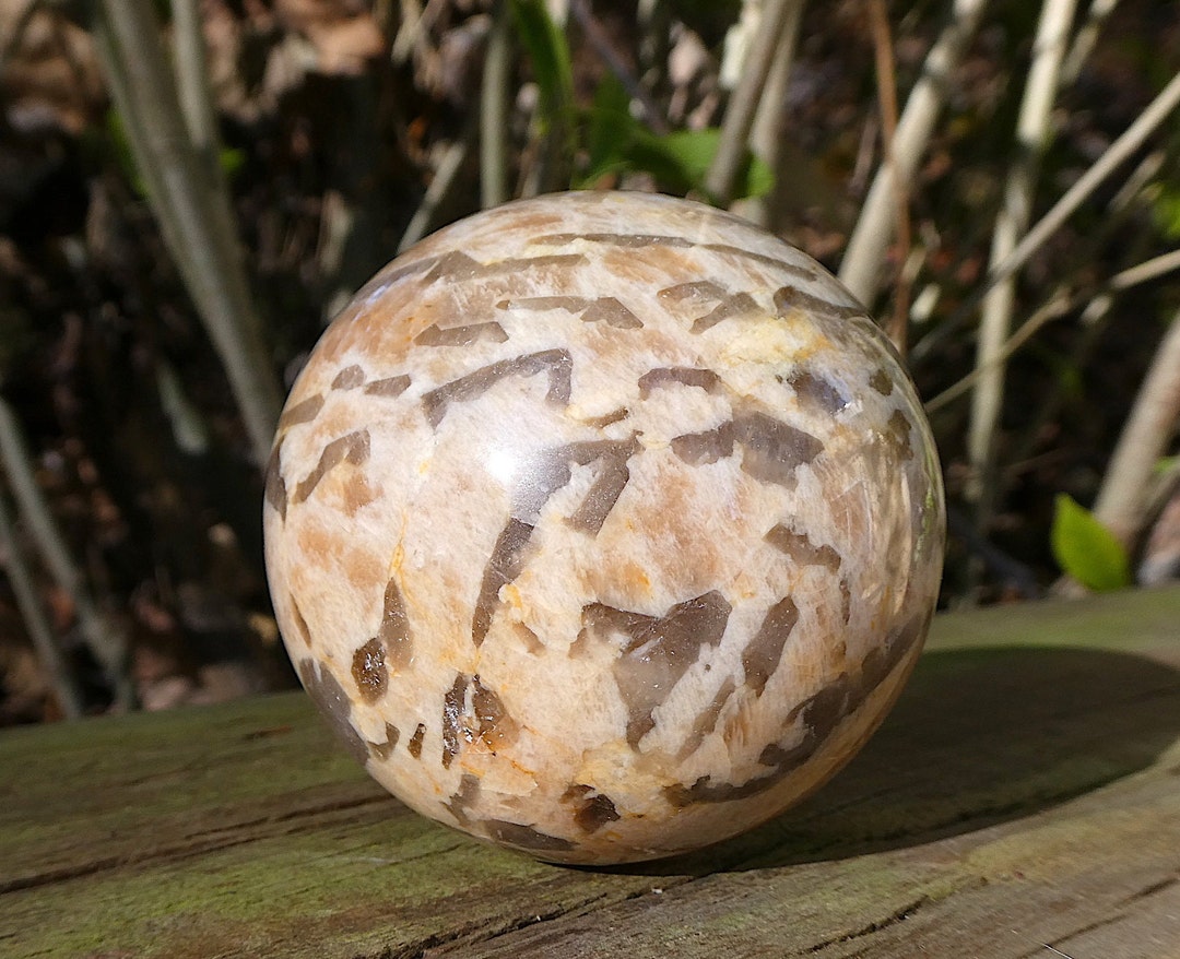 Peach Rocks Peach Moonstone Sphere With Smoky Quartz, Polished Graphic Feldspar ...