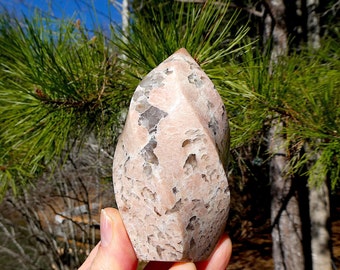 Peach Moonstone Flame with Smoky Quartz Inclusions - Polished Crystal
