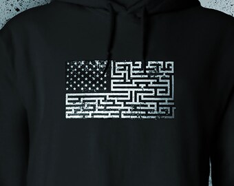 Flag Maze Hoodie - Screen printed off-white on Black