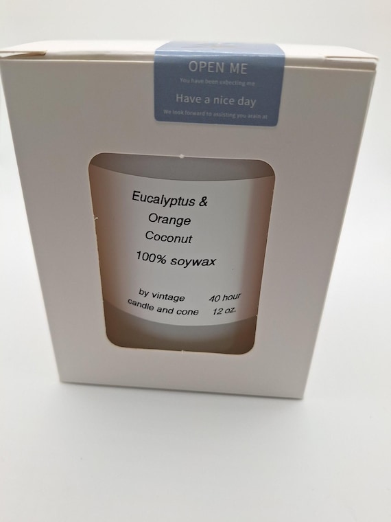 Eucalyptus  coconut  orange scented soy wax candle in a white frosted glass jar.Scents works well together to create a beautiful fragrance