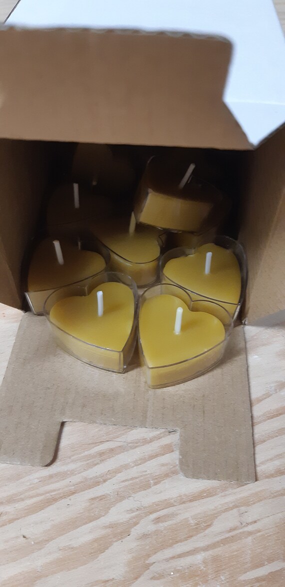 100 % beeswax tealights in a heart shape. 20 in a box