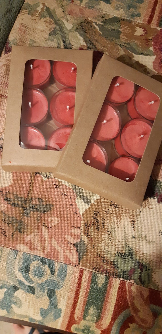 100% soy wax candles in red tealights. Unscented. 20 in a box