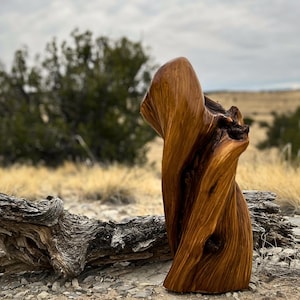 Escultura em madeira de zimbro – Arte rupestre com bordas naturais esculpidas à mão.