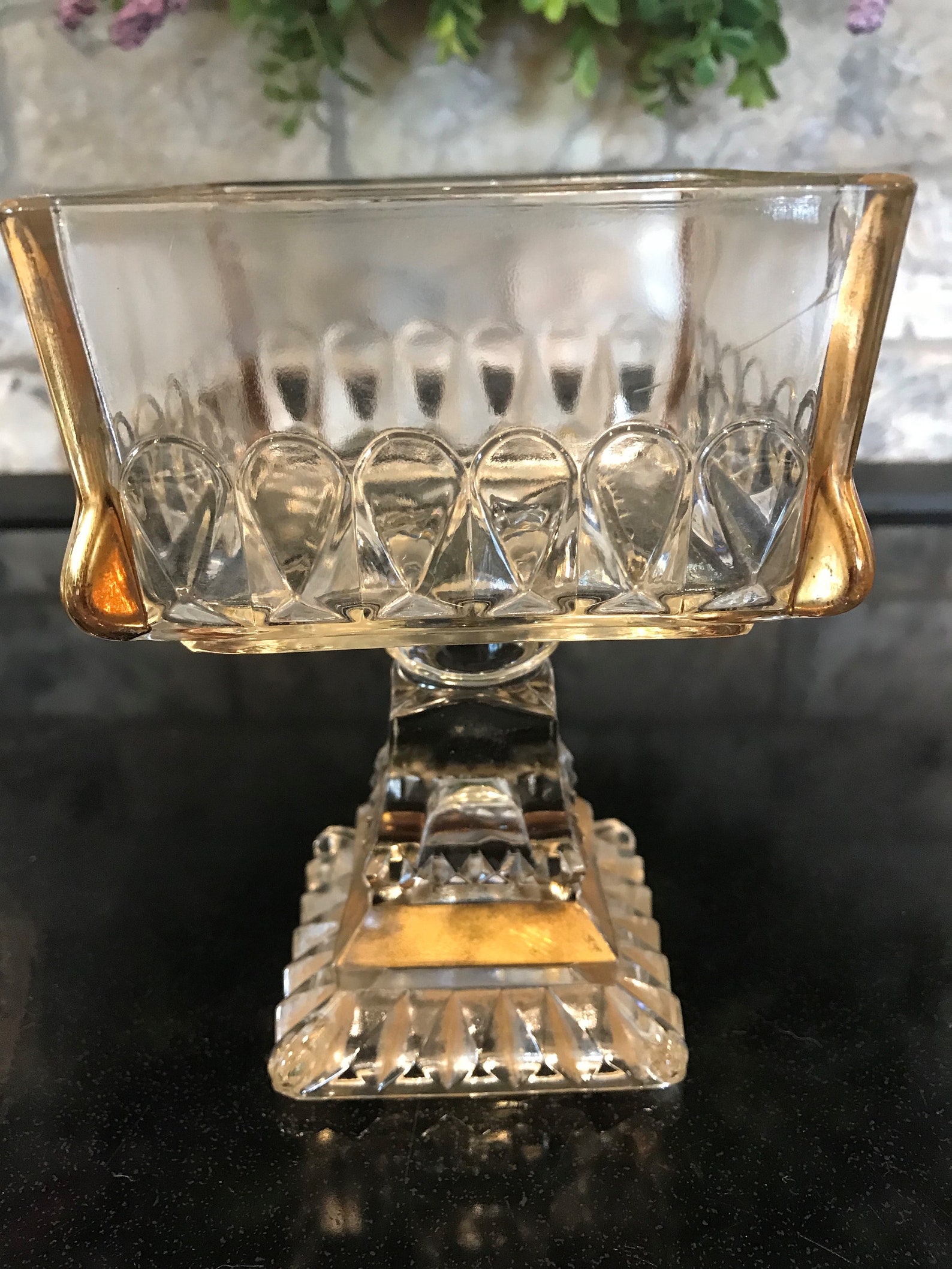 Depression Glass Pedestal Candy Dish with Gold Accents. Etsy
