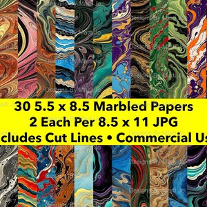 May include: 30 digital papers with marbled patterns in various colors. Each paper is 5.5 inches by 8.5 inches and comes in two sizes: 8.5 inches by 11 inches. The papers include cut lines and are for commercial use.