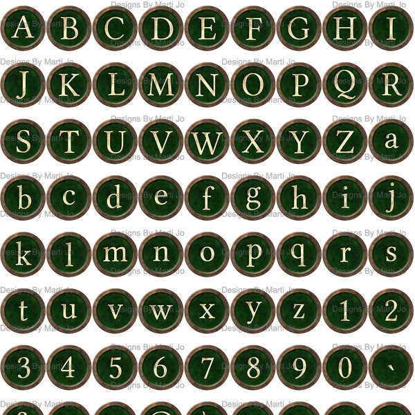 Gold Und Grün Vintage Schreibmaschinen Tastenkappen | Druckbare Kronkorken Schmuck Buchstaben | Junk Journal Digitaler Download | DL80